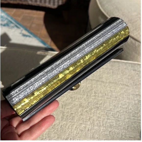 KURT GEIGER NWT BLACK MOTHER OF PEARL  glitter Party clutch on chain black - Picture 11 of 15